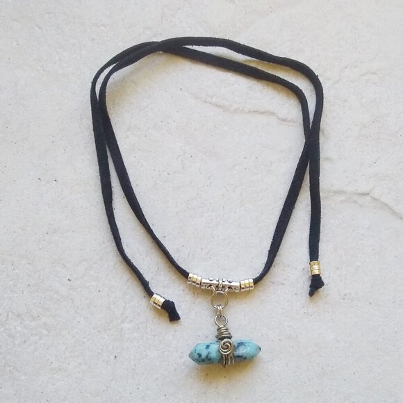 Unique Rustic Rugged Tomboy Necklace ~ Blue Kiwi Jasper + Black Cordage - Picture 4 of 8